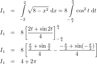 LaTeX: \parstyle\begin{eqnarray*}I_1&=&\int\limits_{-2}^2\sqrt{8-x^2}\ \text dx=8\int\limits_{-\frac\pi4}^{\frac\pi4}\cos^2t\ \text dt\\I_1&=&8\left[\frac{2t+\sin2t}4\right]\limits_{-\frac\pi4}^{\frac\pi4}\\I_1 &=&8\left[\frac{\frac\pi2+\sin\frac\pi2}{4}-\frac{-\frac\pi2+\sin(-\frac\pi2)}{4}\right]\\I_1&=&4+2\pi\end{eqnarray*}