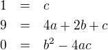 LaTeX: \parstyle\begin{eqnarray}1&=&c\\9&=&4a+2b+c\\0&=&b^2-4ac\end{eqnarray}